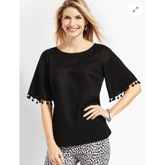 Talbots Linen Women’s Blouse Size Medium White Pom Pom Beachy Breathable Preppy - Picture 3 of 9